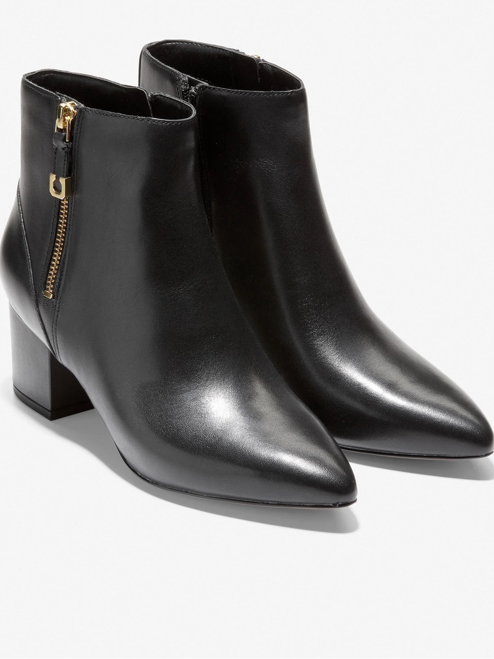 Cole Haan Black Pointed Leather Ankle Boots with Gold Side Zip